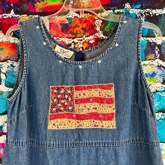Donna Ricco Patriotic Flag Denim Maxi Dress 8P  Embroidered - Picture 3 of 9
